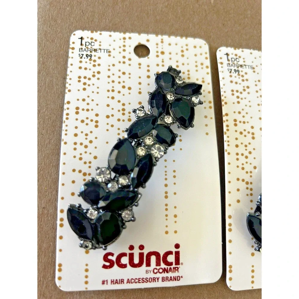 Scunci Barrette Black Silver Bead Rhinetones‎ Formal Hair Clip Lot of 3 New 3.5